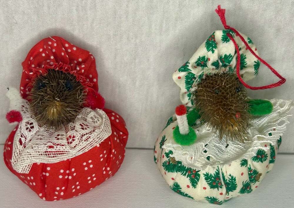 Vintage Handmade Thistle Teasel Hedgehog Christmas Ornaments Set